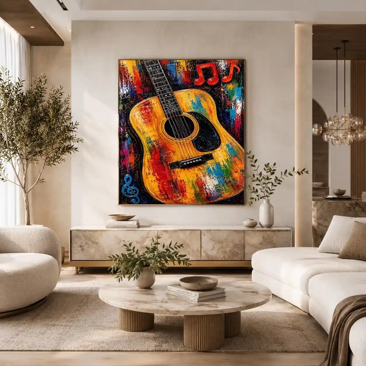 Colorful acoustic guitar canvas art with music notes for bold studio or home bar decor.