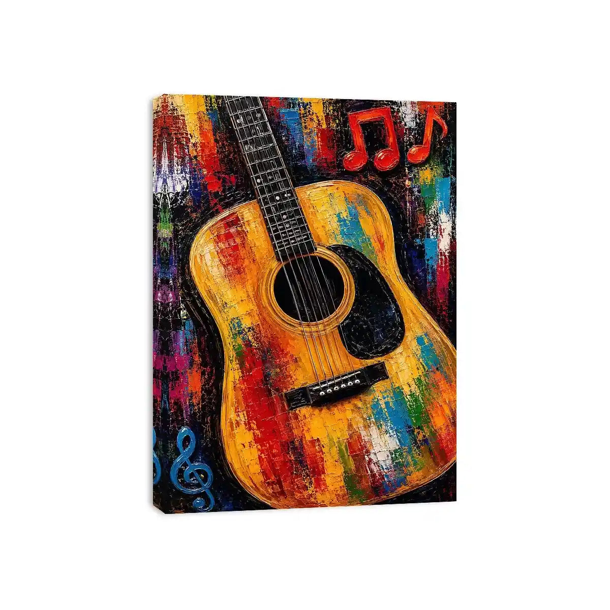 Colorful acoustic guitar canvas art with music notes for bold studio or home bar decor.