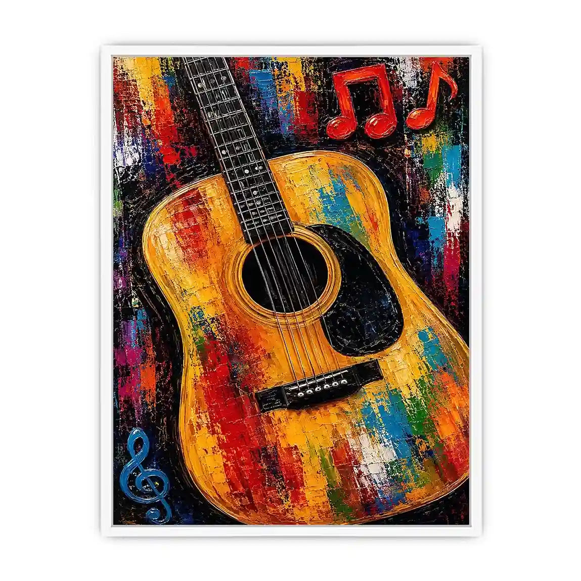 Colorful acoustic guitar canvas art with music notes for bold studio or home bar decor.
