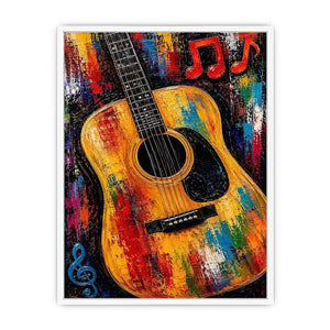 Colorful acoustic guitar canvas art with music notes for bold studio or home bar decor.