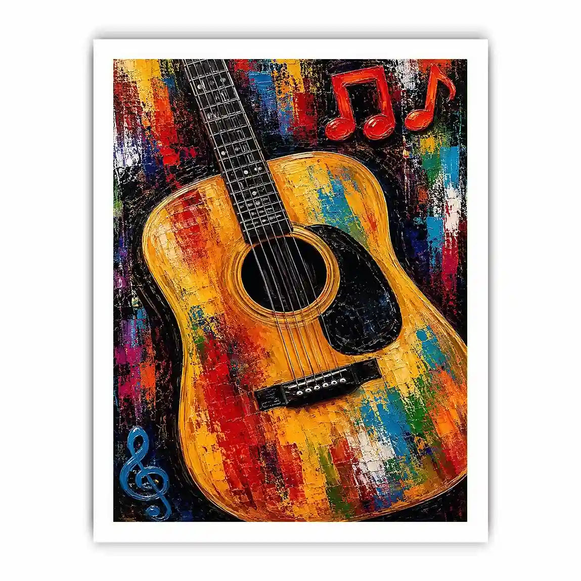 Colorful acoustic guitar canvas art with music notes for bold studio or home bar decor.