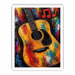 Colorful acoustic guitar canvas art with music notes for bold studio or home bar decor.