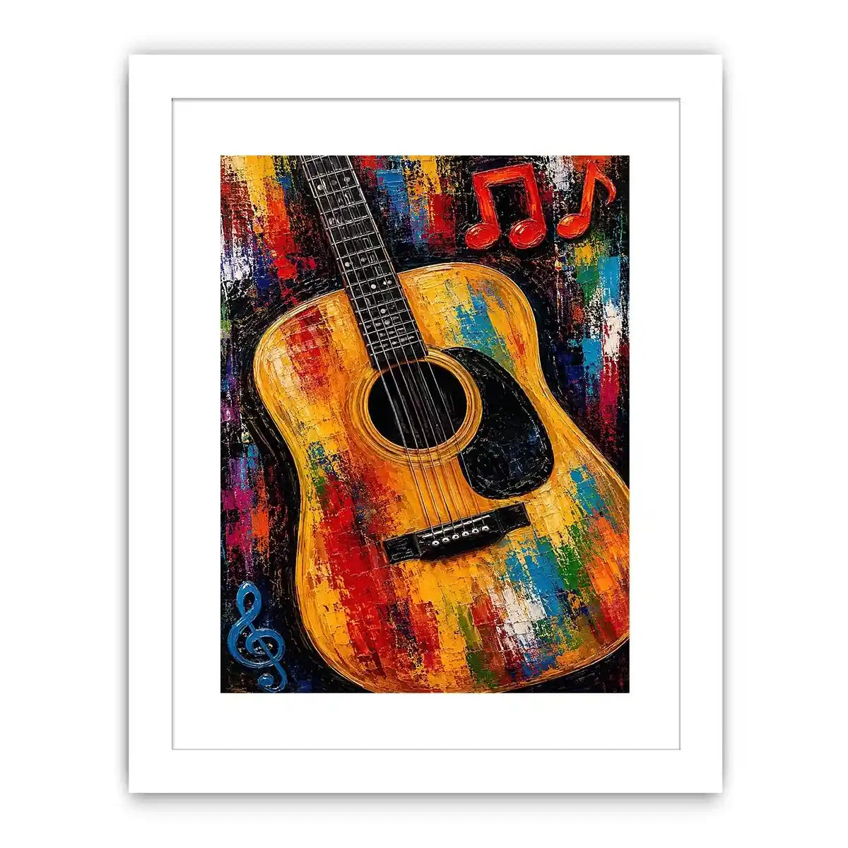 Colorful acoustic guitar canvas art with music notes for bold studio or home bar decor.