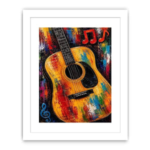 Colorful acoustic guitar canvas art with music notes for bold studio or home bar decor.