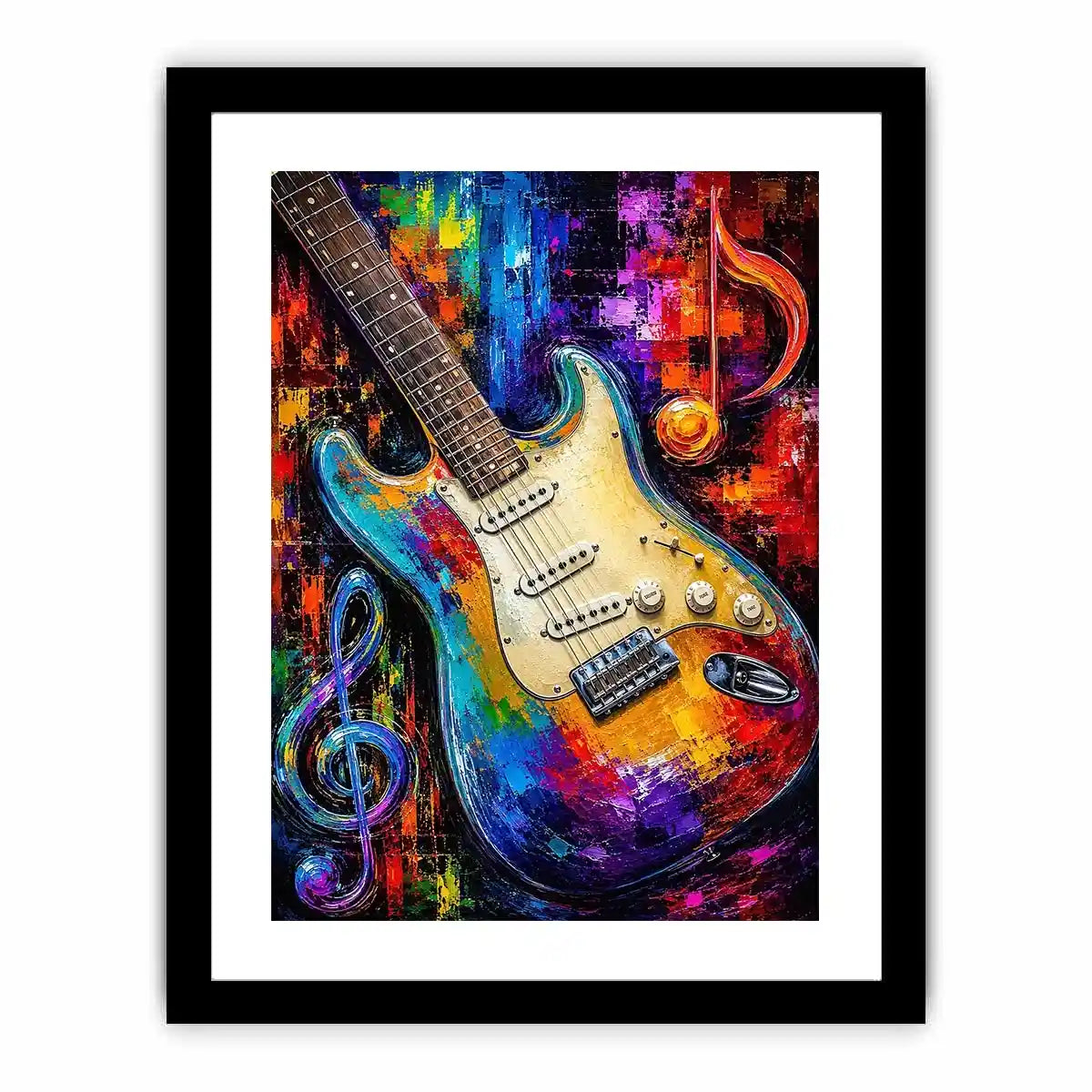 Bold electric guitar canvas art with colourful music notes for modern room decor.