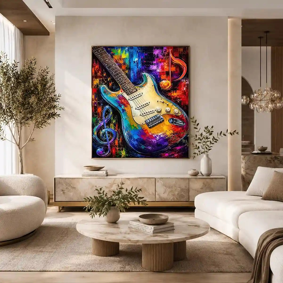 Bold electric guitar canvas art with colourful music notes for modern room decor.
