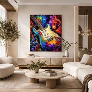 Bold electric guitar canvas art with colourful music notes for modern room decor.