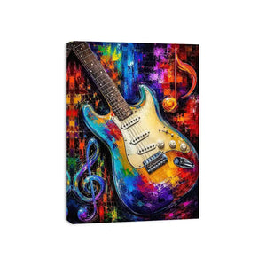 Bold electric guitar canvas art with colourful music notes for modern room decor.