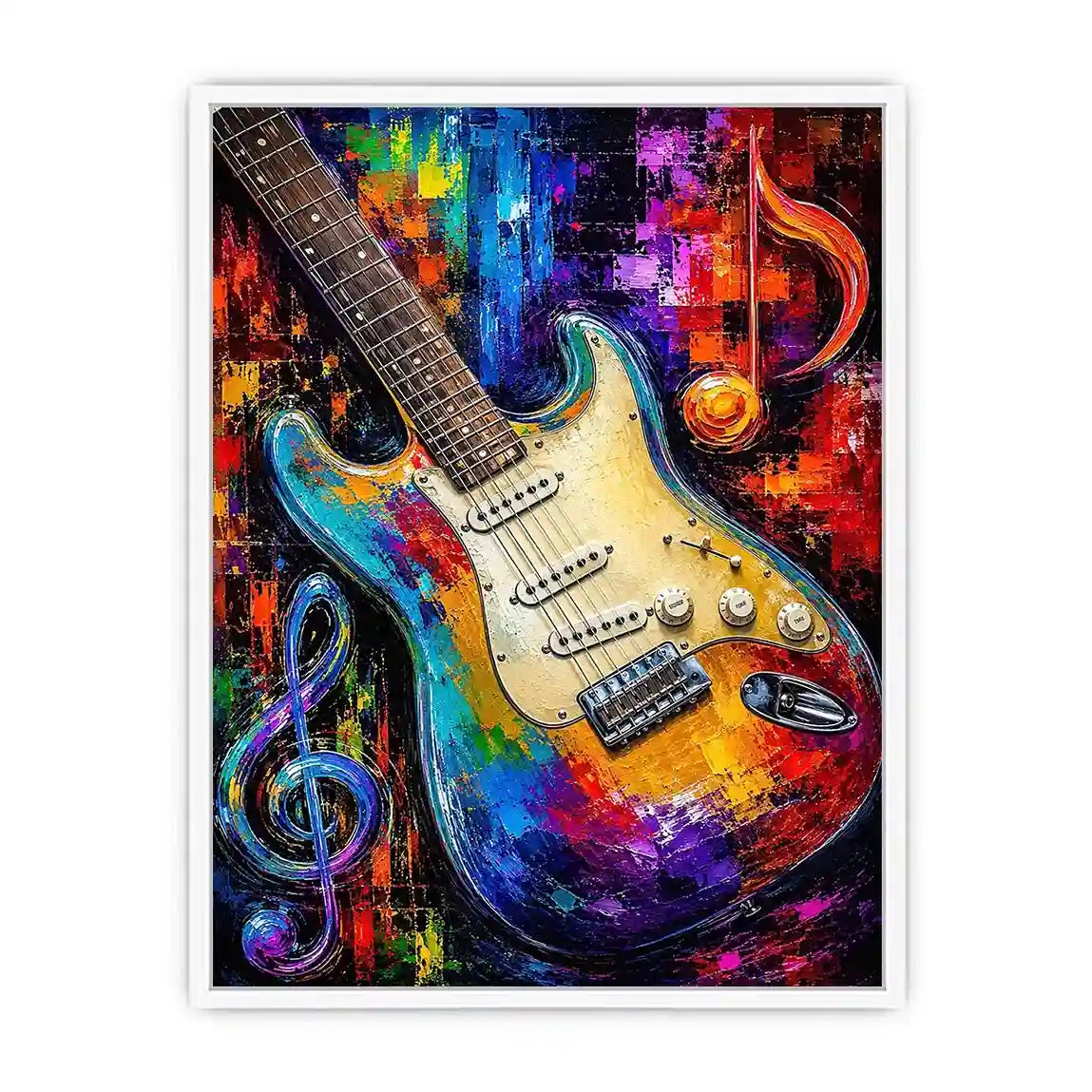Bold electric guitar canvas art with colourful music notes for modern room decor.