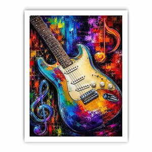 Bold electric guitar canvas art with colourful music notes for modern room decor.