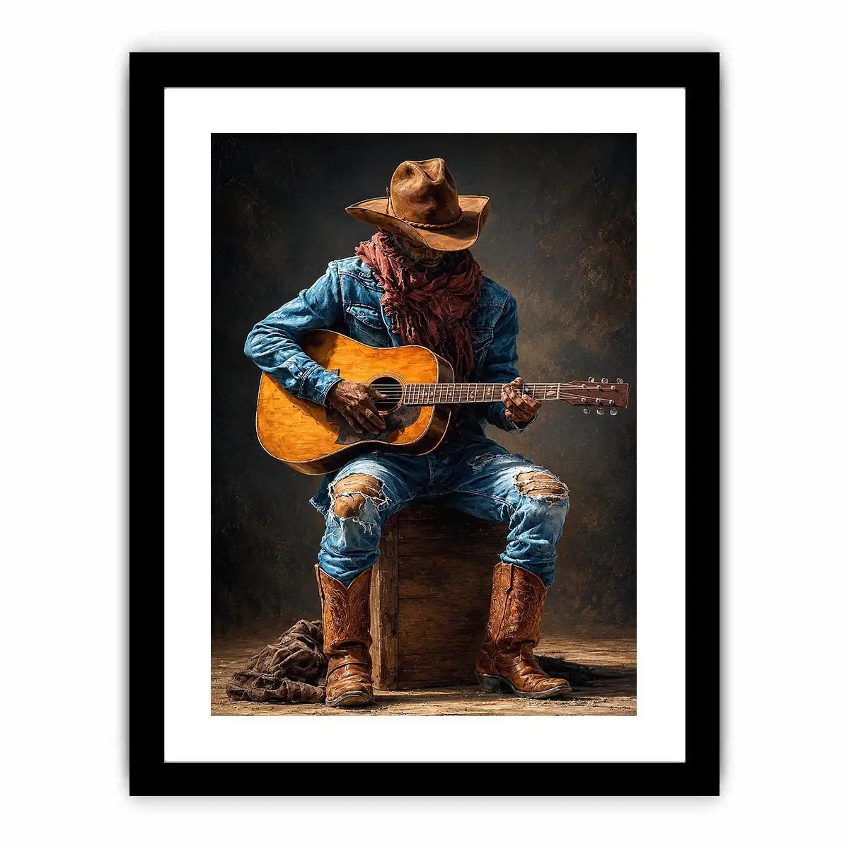 Rustic cowboy playing acoustic guitar canvas art for Western living room decor.