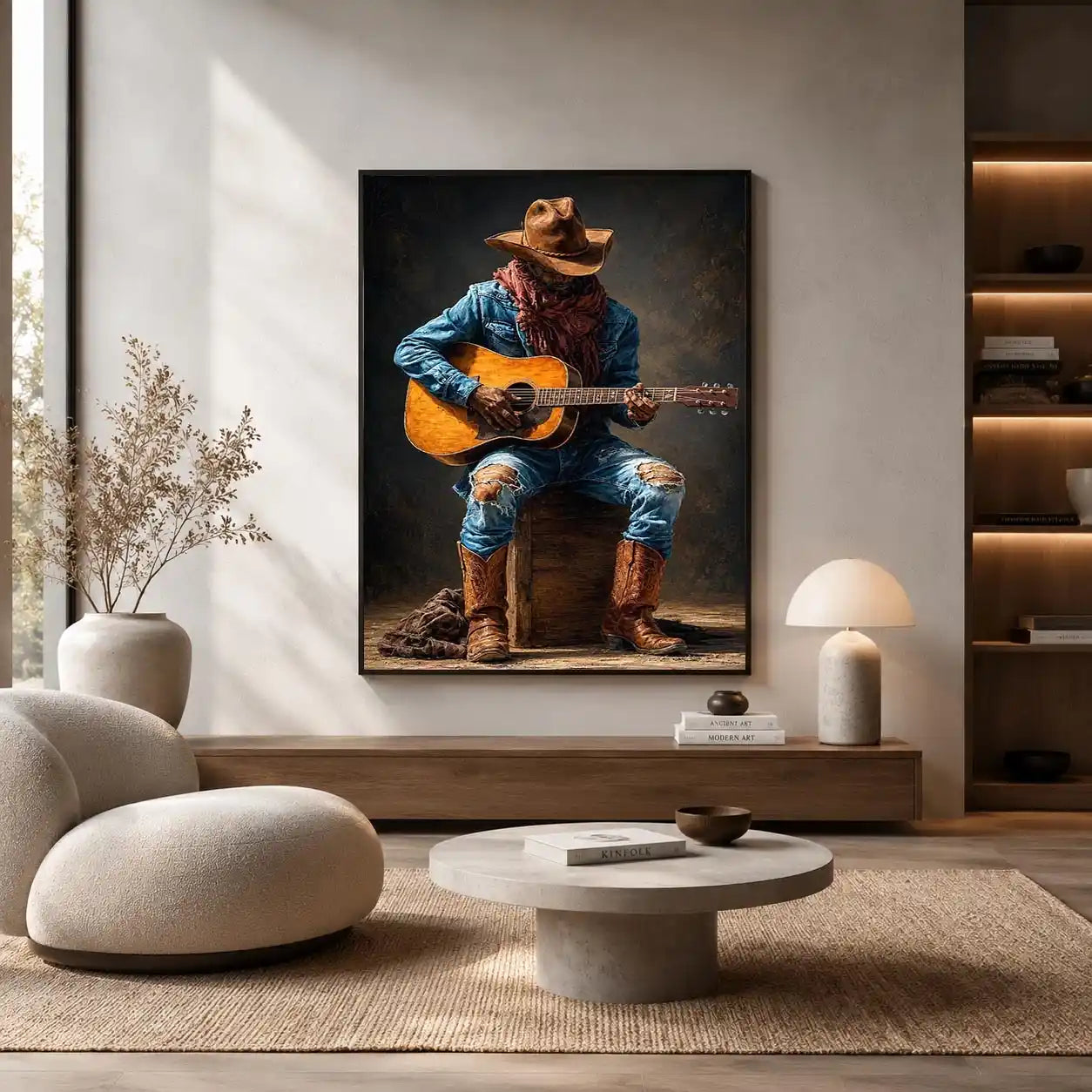 Rustic cowboy playing acoustic guitar canvas art for Western living room decor.