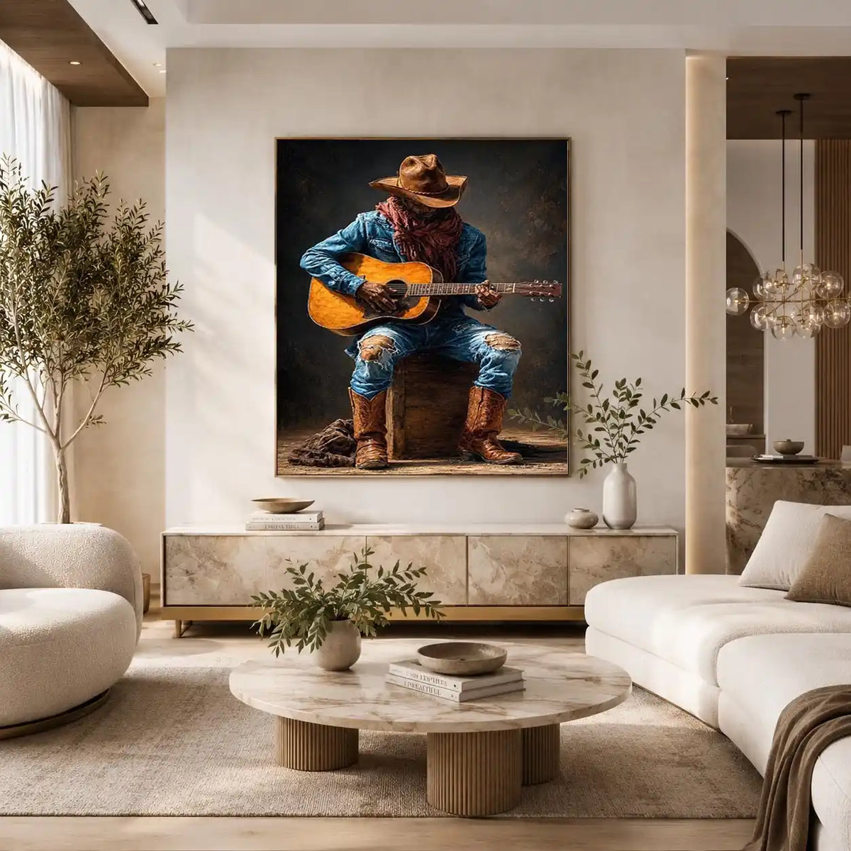 Rustic cowboy playing acoustic guitar canvas art for Western living room decor.