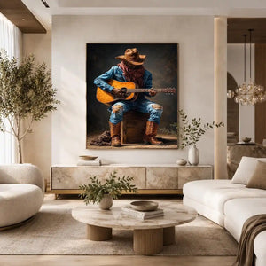 Rustic cowboy playing acoustic guitar canvas art for Western living room decor.