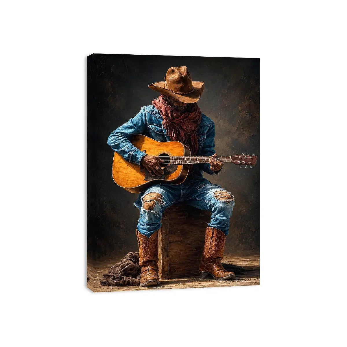 Rustic cowboy playing acoustic guitar canvas art for Western living room decor.