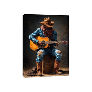 Rustic cowboy playing acoustic guitar canvas art for Western living room decor.