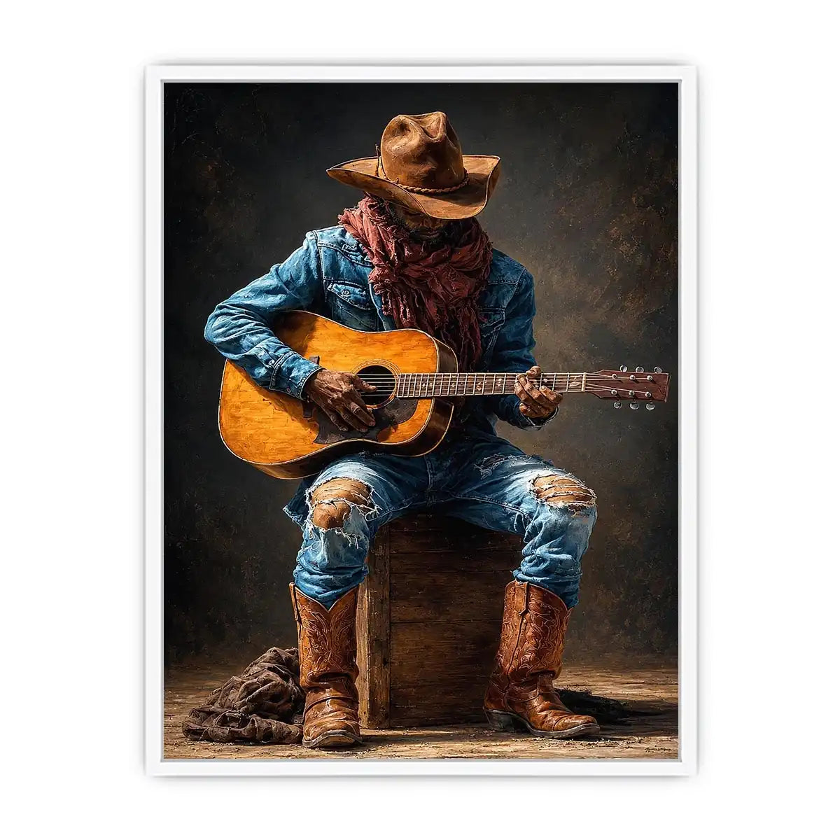 Rustic cowboy playing acoustic guitar canvas art for Western living room decor.