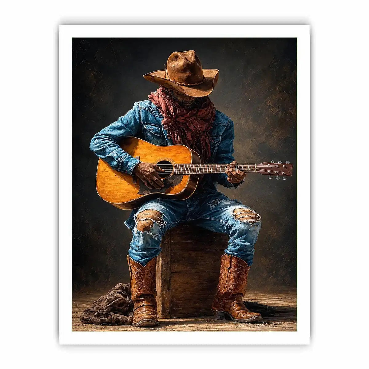 Rustic cowboy playing acoustic guitar canvas art for Western living room decor.