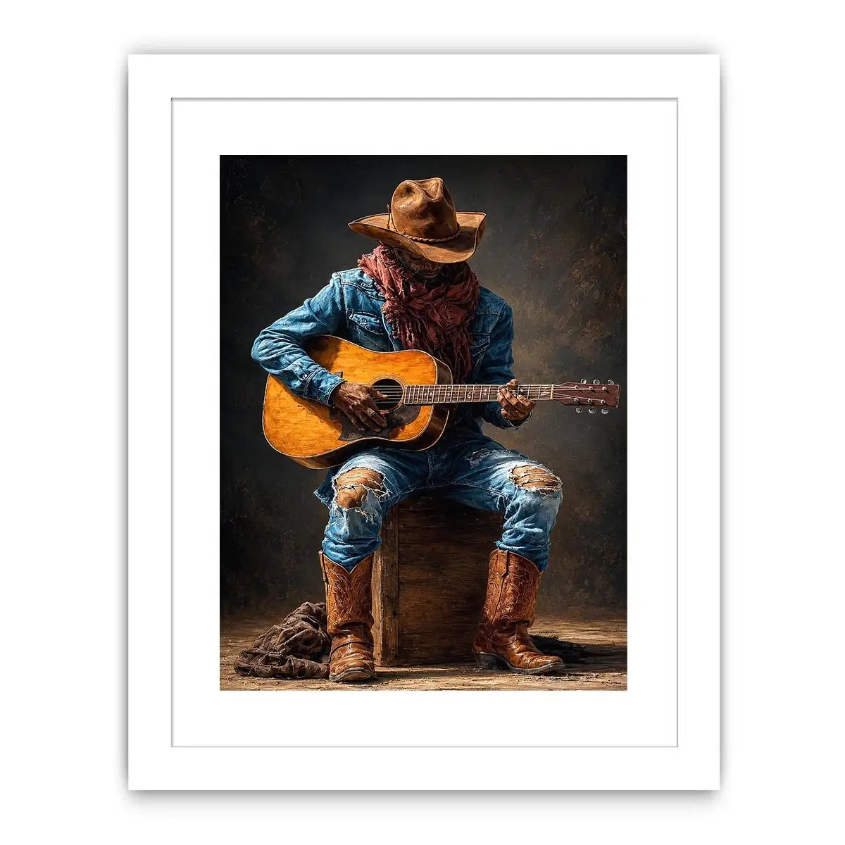 Rustic cowboy playing acoustic guitar canvas art for Western living room decor.