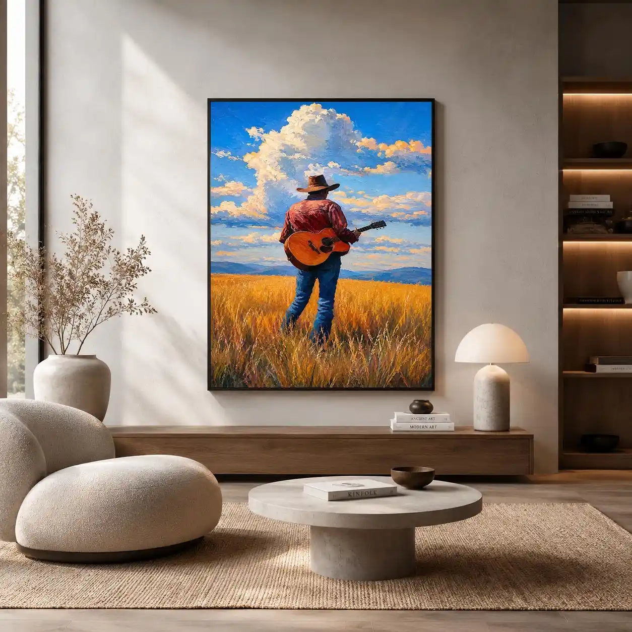 Cowboy with guitar in golden prairie canvas art for rustic farmhouse decor.
