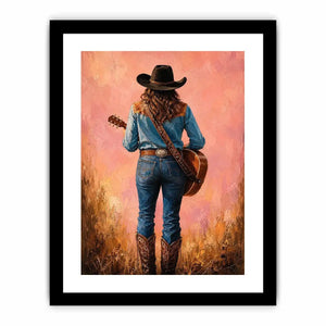 Western cowgirl with guitar canvas art in soft pink tones for bedroom decor.
