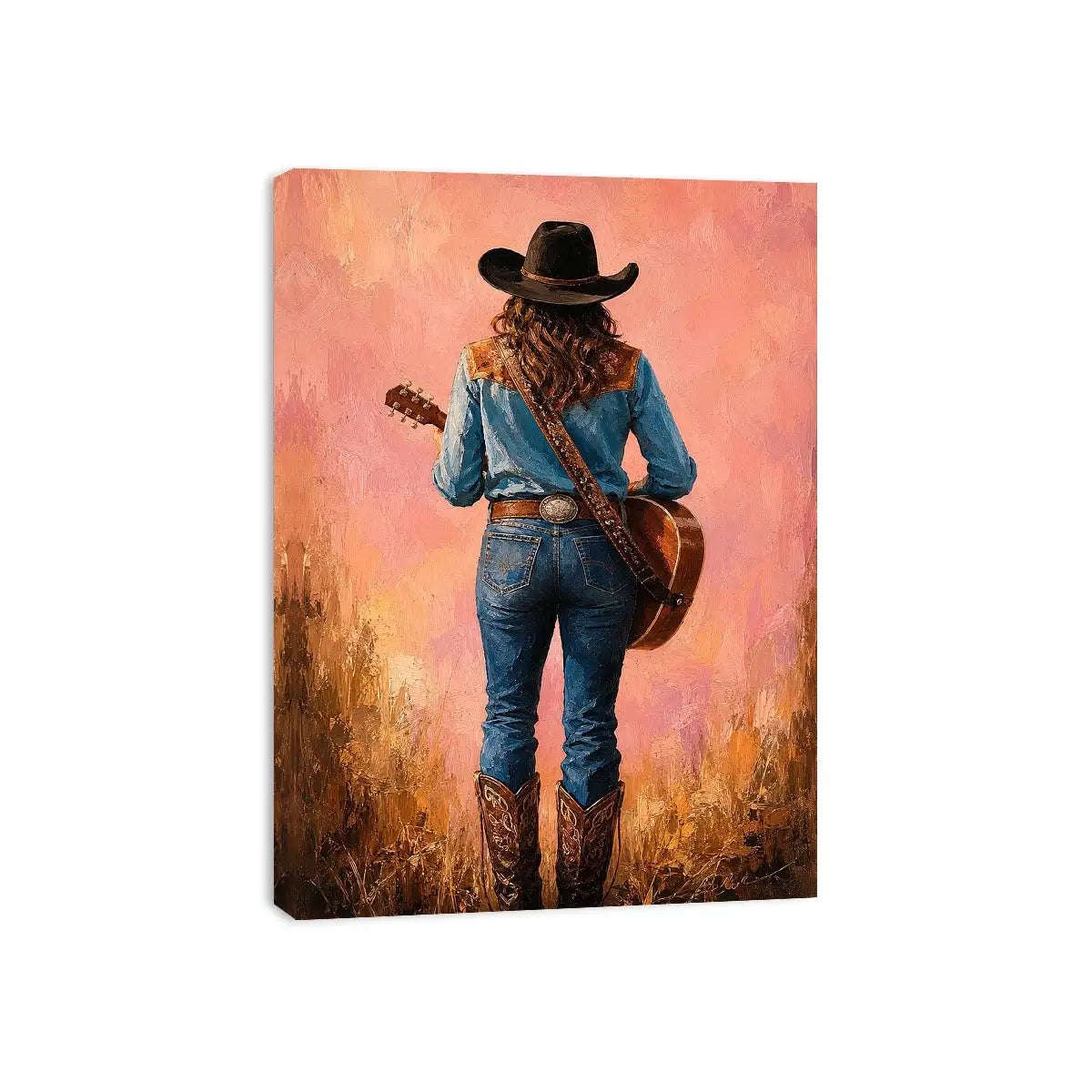 Western cowgirl with guitar canvas art in soft pink tones for bedroom decor.