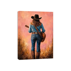 Western cowgirl with guitar canvas art in soft pink tones for bedroom decor.
