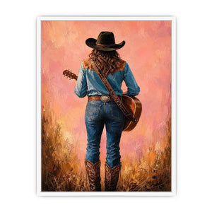 Western cowgirl with guitar canvas art in soft pink tones for bedroom decor.