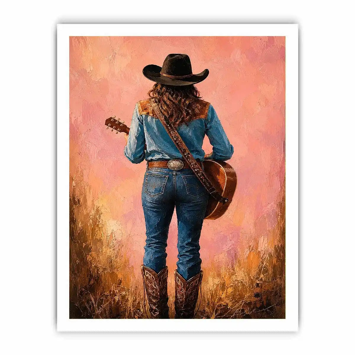 Western cowgirl with guitar canvas art in soft pink tones for bedroom decor.