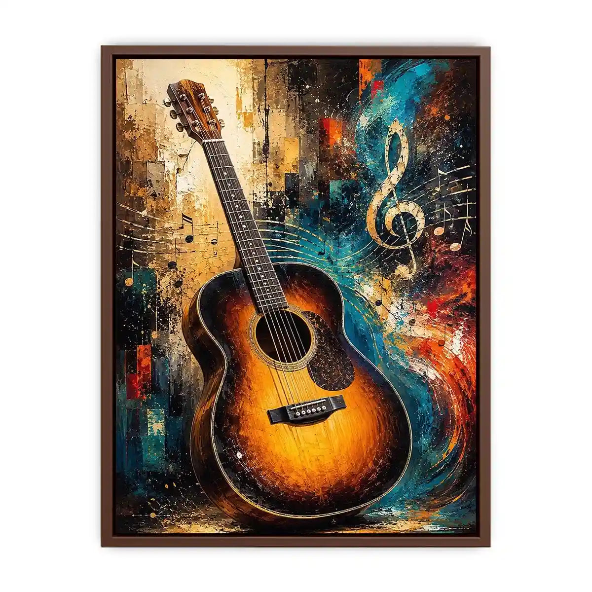 Colourful acoustic guitar canvas art with treble clef for modern music room decor.