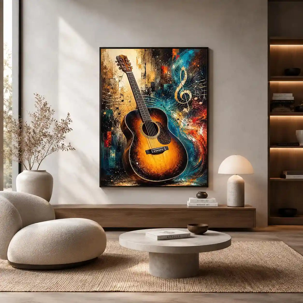 Colourful acoustic guitar canvas art with treble clef for modern music room decor.