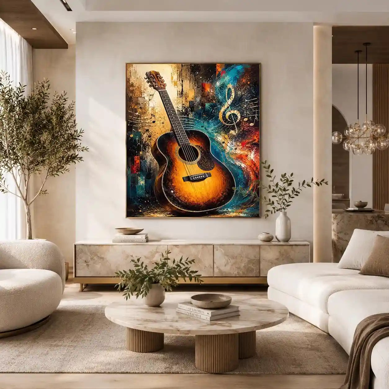 Colourful acoustic guitar canvas art with treble clef for modern music room decor.