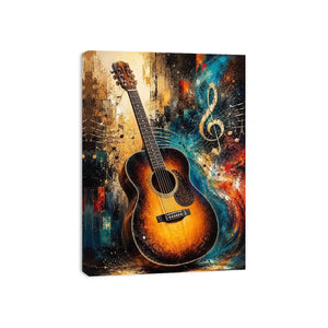 Colourful acoustic guitar canvas art with treble clef for modern music room decor.