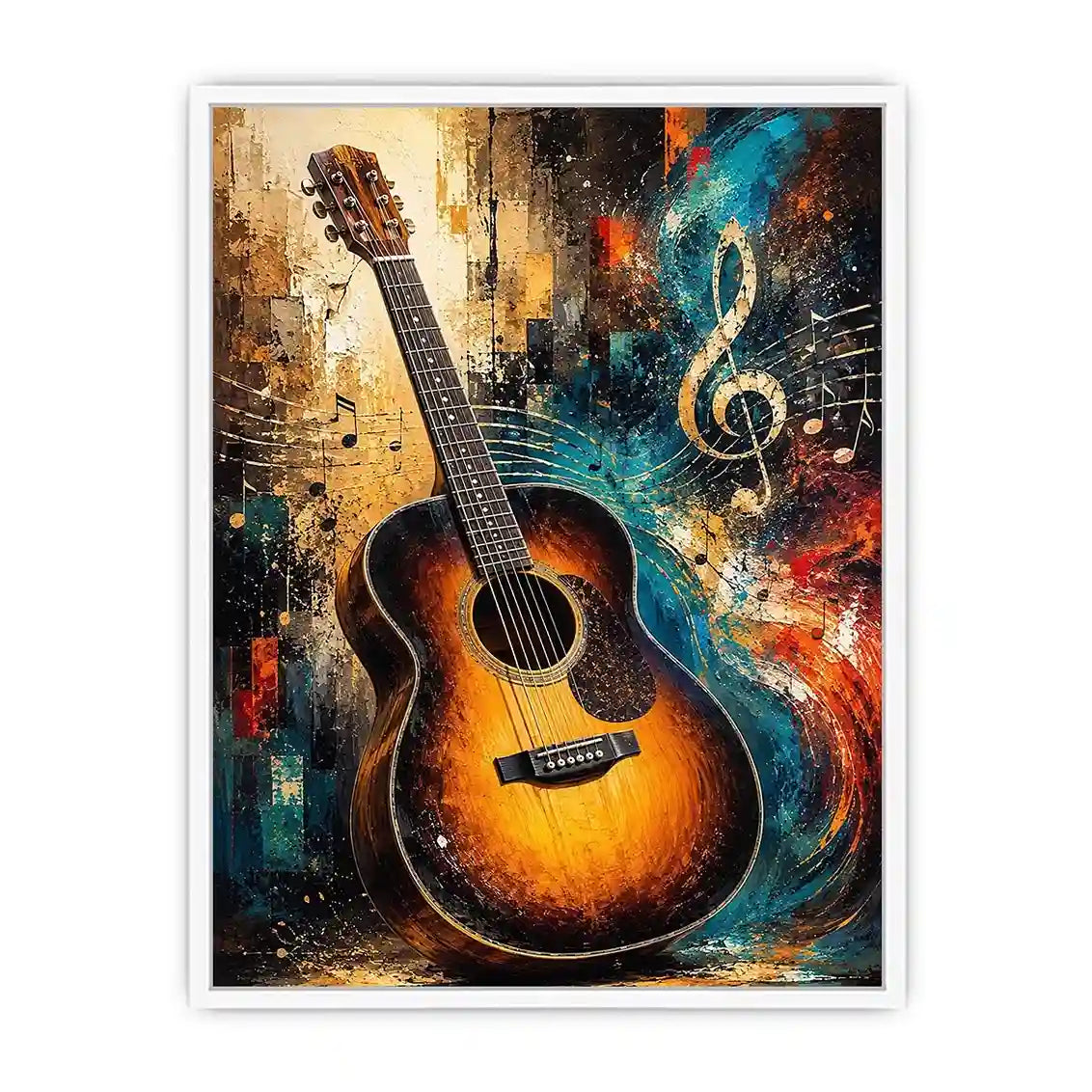 Colourful acoustic guitar canvas art with treble clef for modern music room decor.