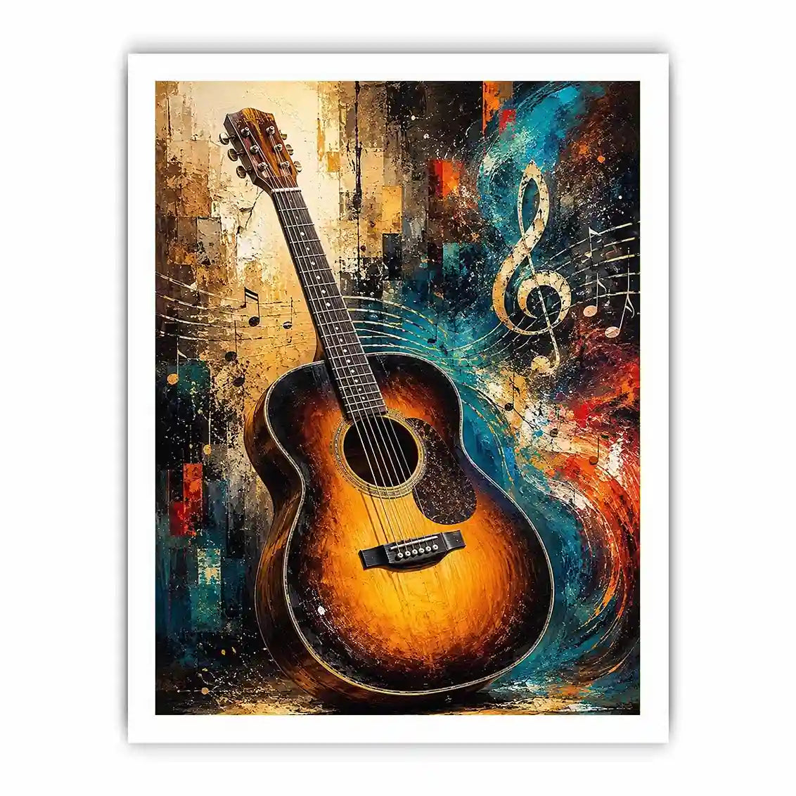 Colourful acoustic guitar canvas art with treble clef for modern music room decor.