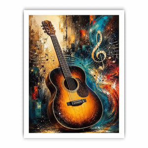 Colourful acoustic guitar canvas art with treble clef for modern music room decor.
