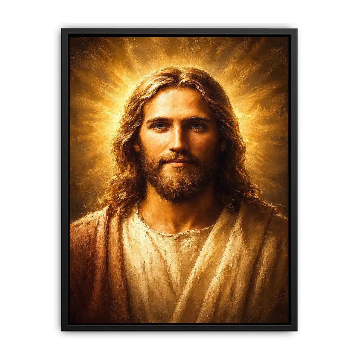 Serene Jesus portrait canvas art with golden light for traditional home decor.