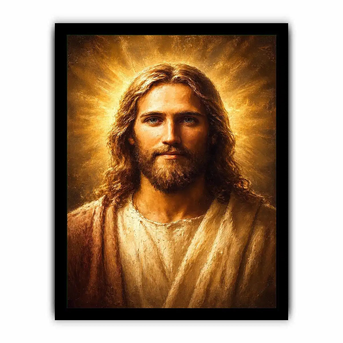 Serene Jesus portrait canvas art with golden light for traditional home decor.