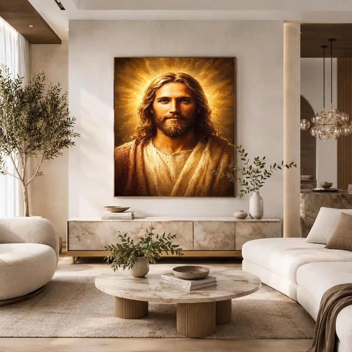 Serene Jesus portrait canvas art with golden light for traditional home decor.