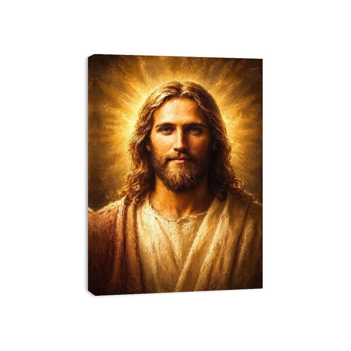 Serene Jesus portrait canvas art with golden light for traditional home decor.