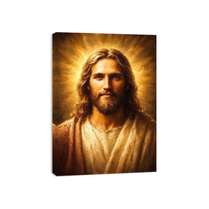 Serene Jesus portrait canvas art with golden light for traditional home decor.