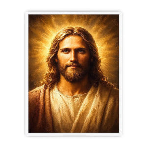 Serene Jesus portrait canvas art with golden light for traditional home decor.
