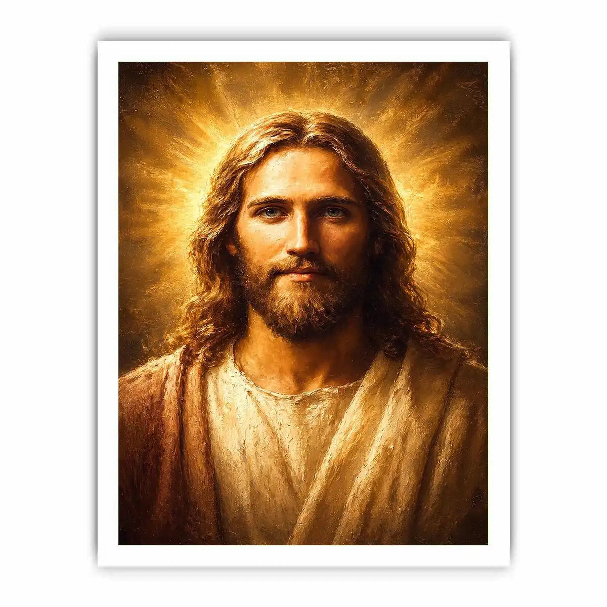 Serene Jesus portrait canvas art with golden light for traditional home decor.