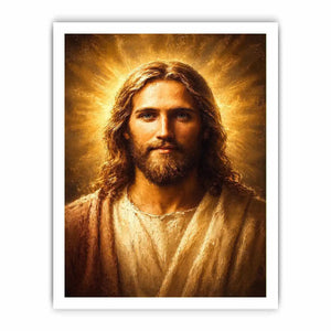Serene Jesus portrait canvas art with golden light for traditional home decor.