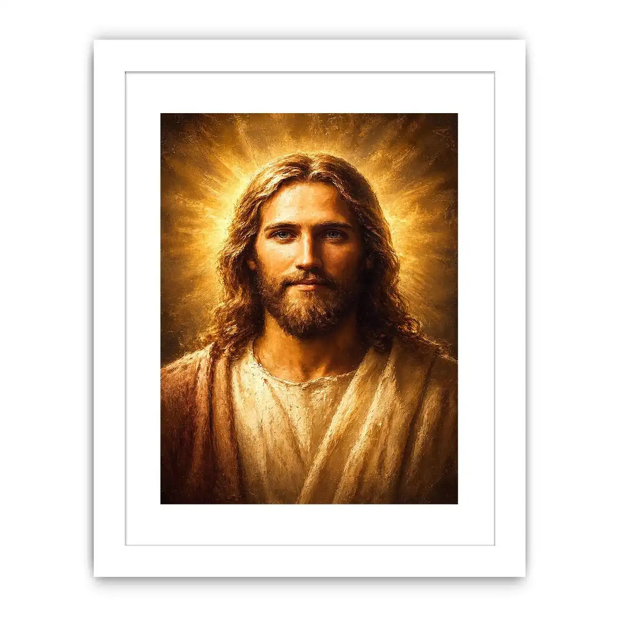 Serene Jesus portrait canvas art with golden light for traditional home decor.