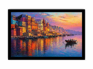 river city canvas art with boats and sunset for elegant living room decor.