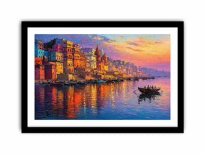 river city canvas art with boats and sunset for elegant living room decor.