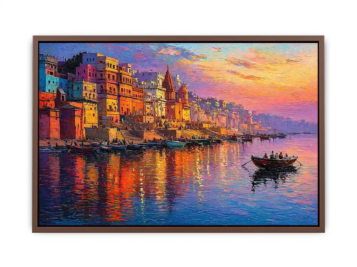 river city canvas art with boats and sunset for elegant living room decor.