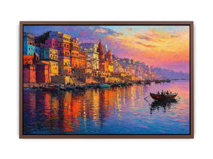 river city canvas art with boats and sunset for elegant living room decor.
