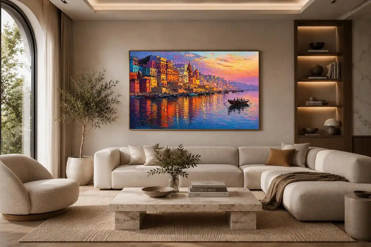 river city canvas art with boats and sunset for elegant living room decor.